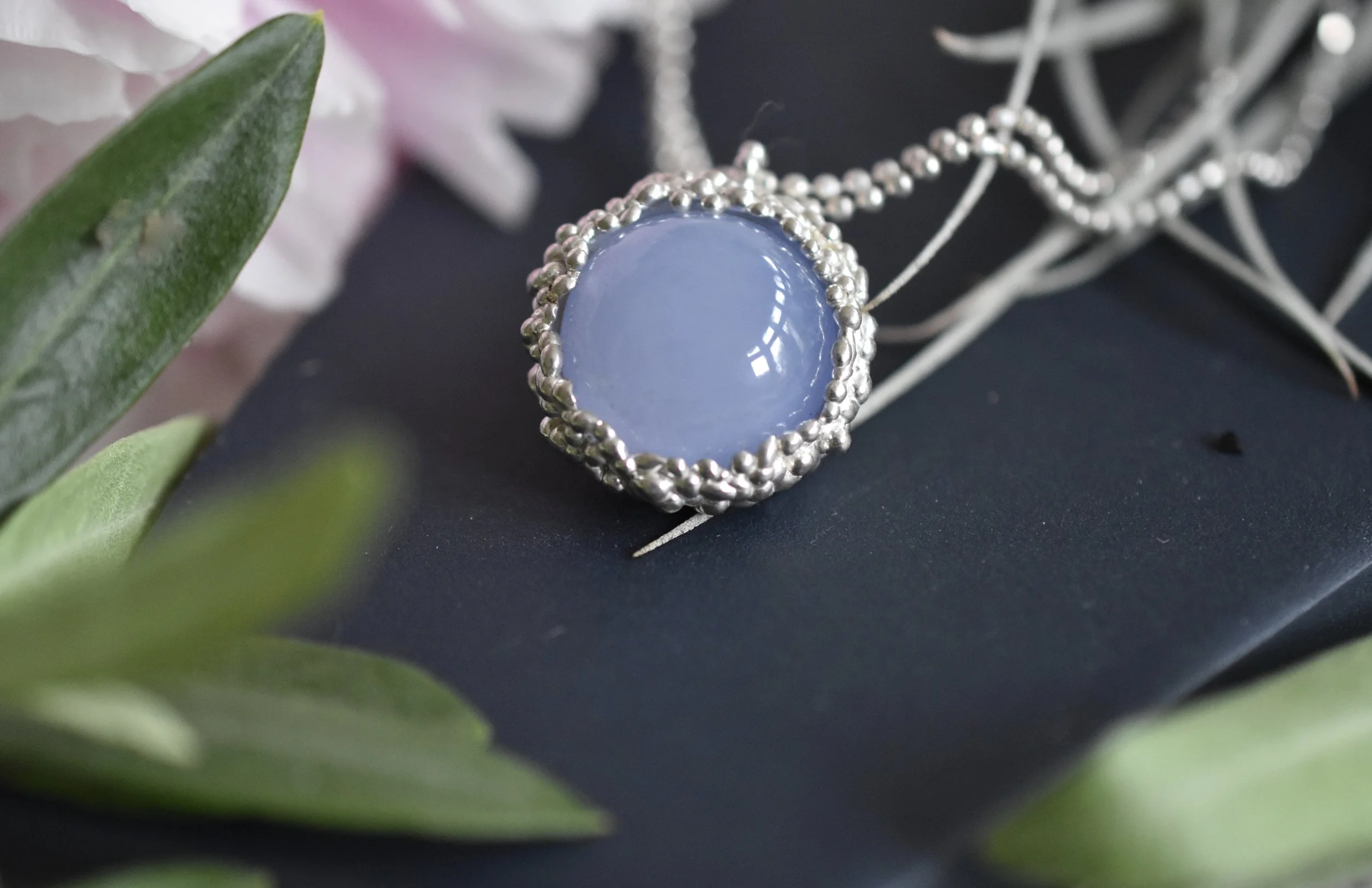 Blue Chalcedony bubble textured Silver pendant necklace Militza Ortiz