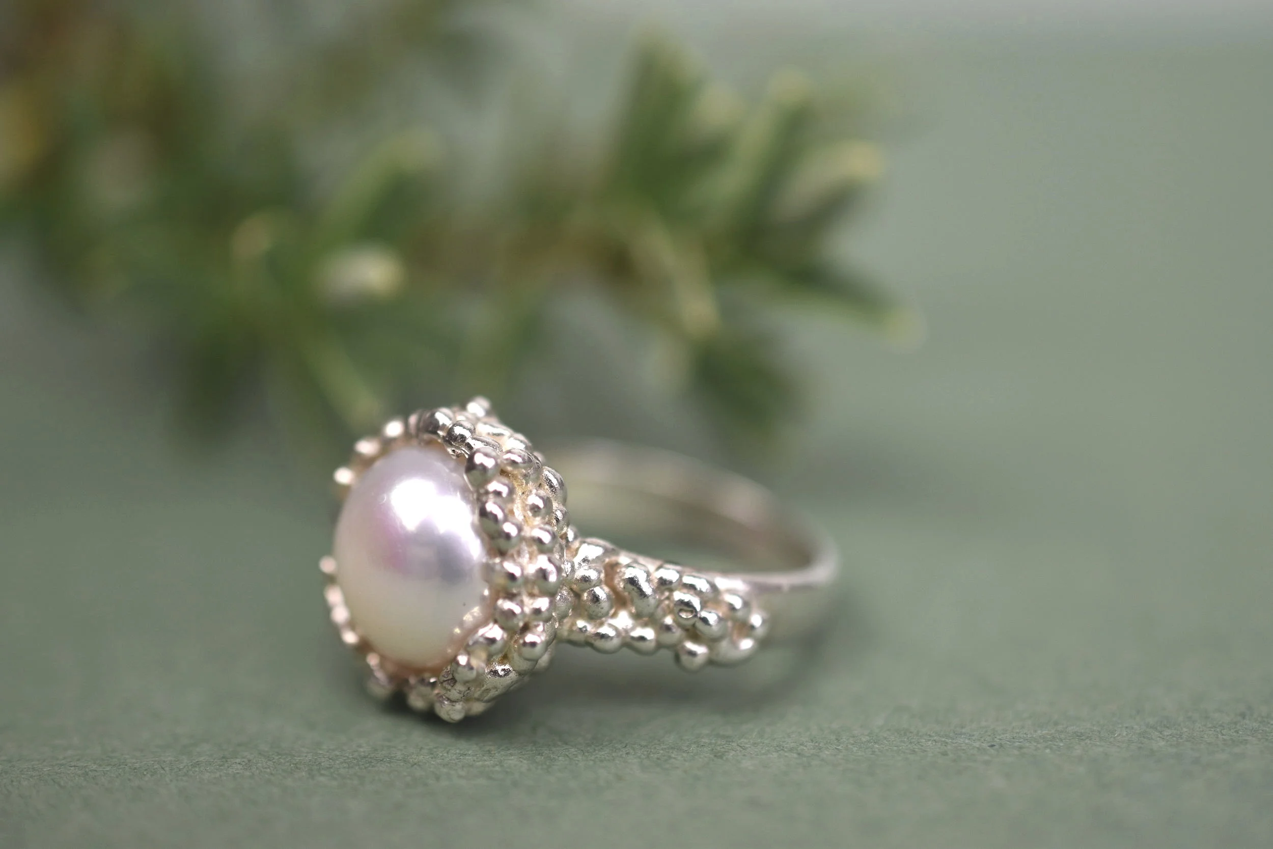 White pearl cocktail ring set in bubble textured sterling silver Militza Ortiz