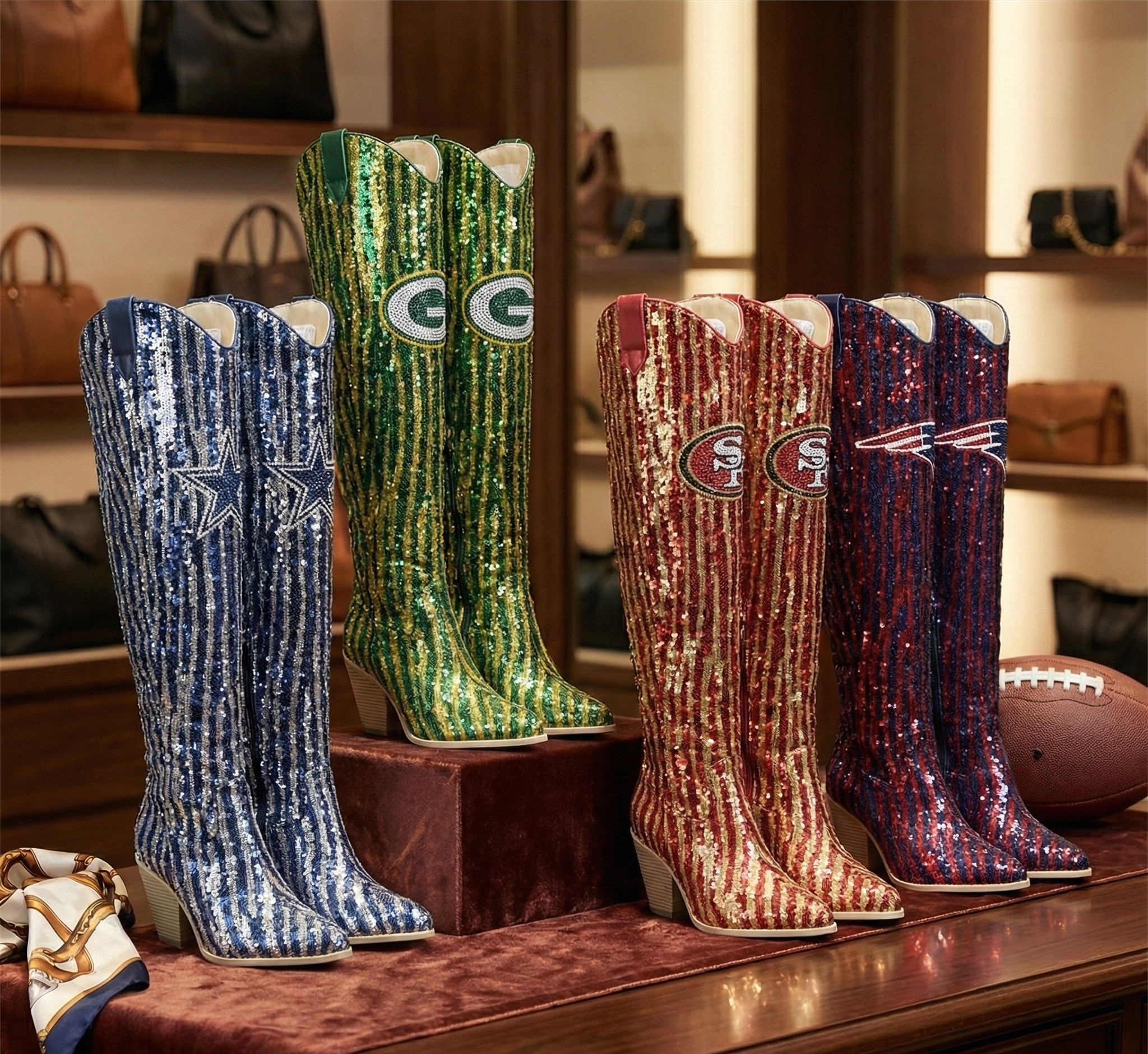 Four pairs of high-heeled boots with football-themed designs, decorated with sequins, on a wooden table in a store. The boots are in blue, green, red, and navy colors, each with logos or symbols from NFL teams.