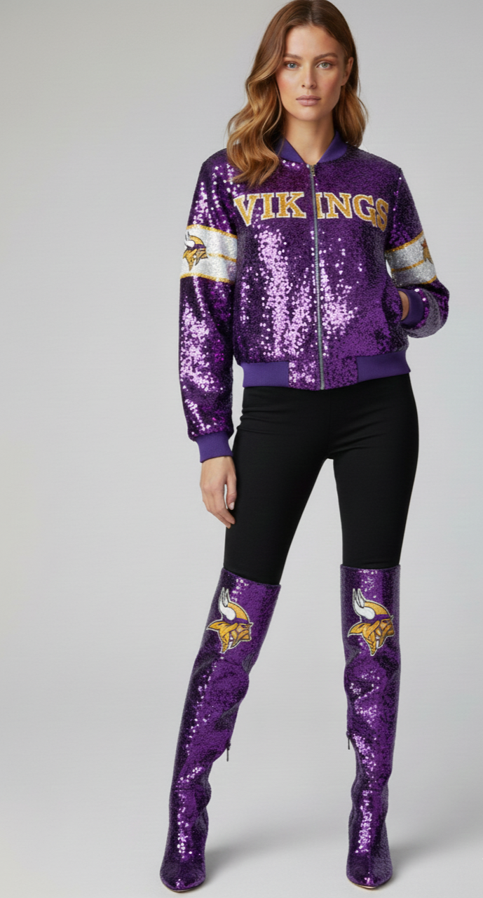 Female model in purple sequined jacket and knee-high boots with the Minnesota Vikings logo, standing against a light gray background.