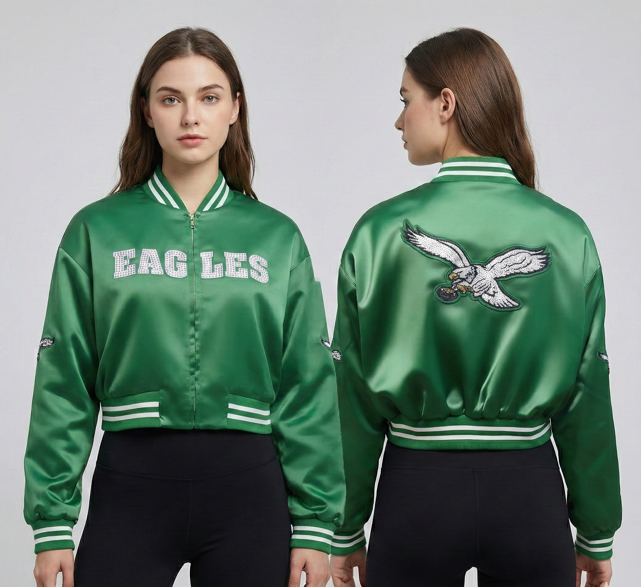 Two women modeling green satin varsity jackets with Eagles logos, front view on the left and back view on the right.