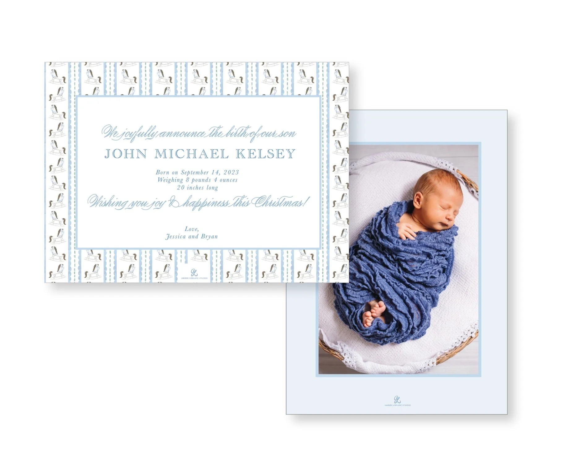 Baby Boy Birth Announcement Watercolor Rocker Crest