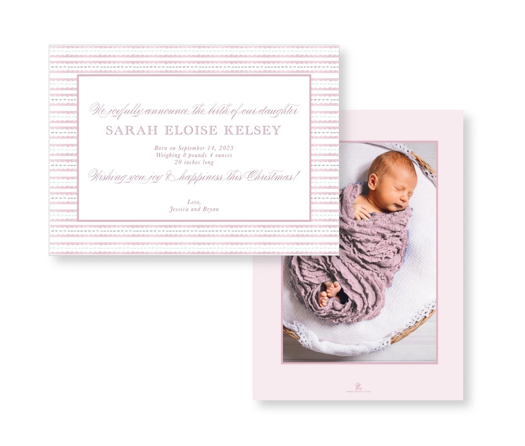 Baby Girl Birth Announcement Watercolor Rocker Crest