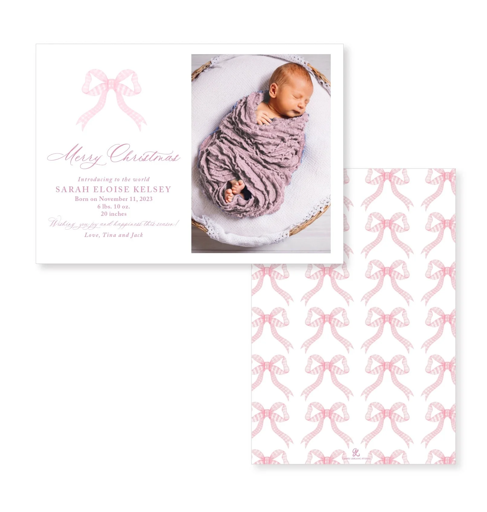 Baby Watercolor Bow Holiday Card, Baby Announcement (Pink)