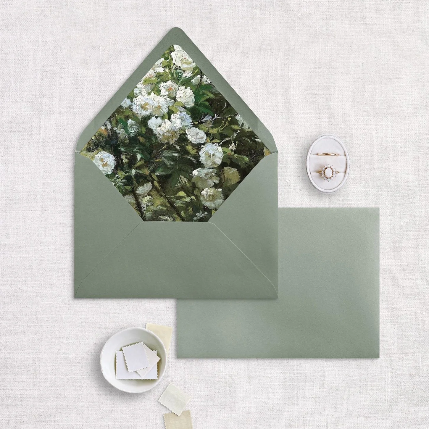 Green and White Floral Envelope Liner, Set of 25