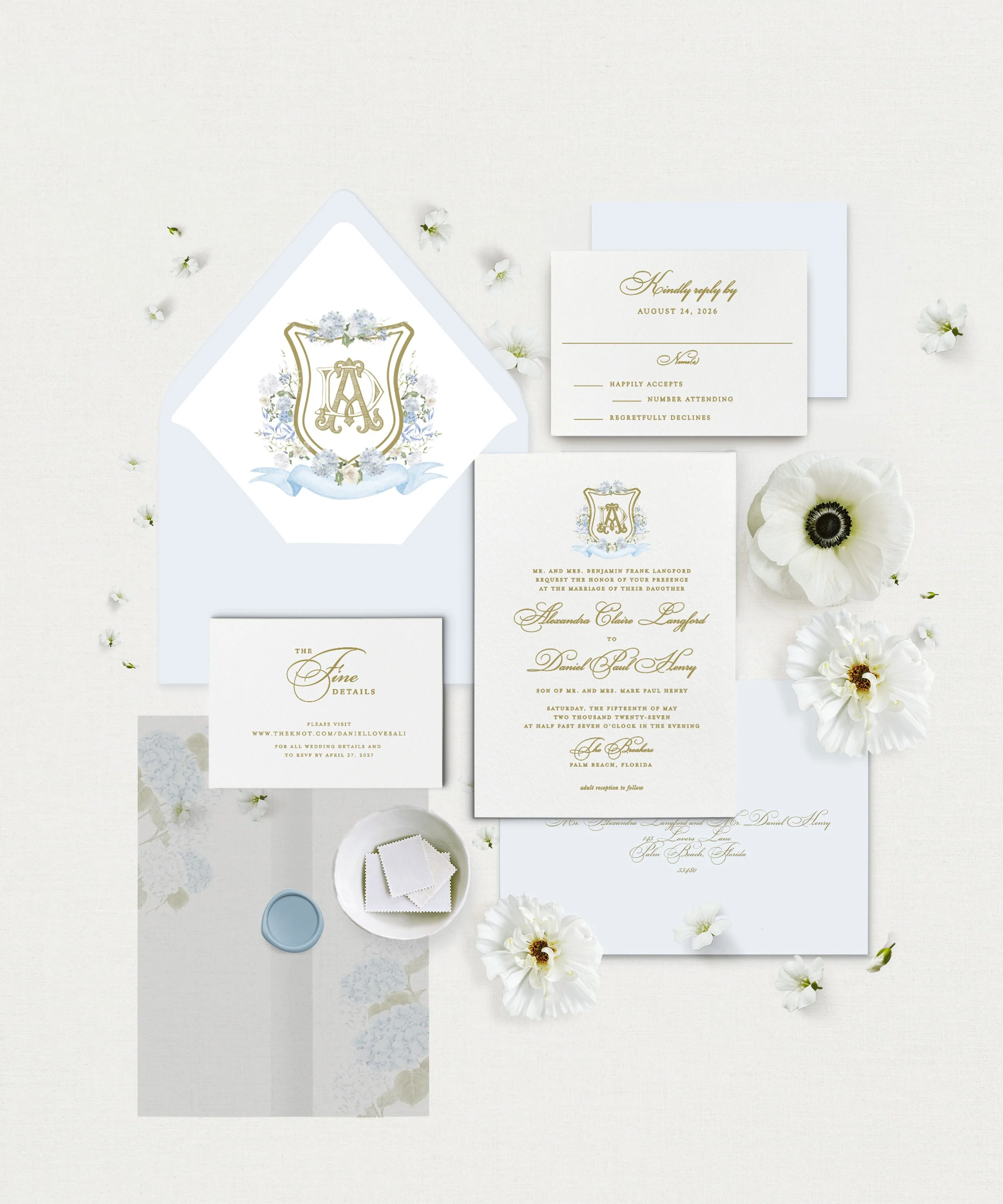 Blue Hydrangea Wedding Invitations with Monogram