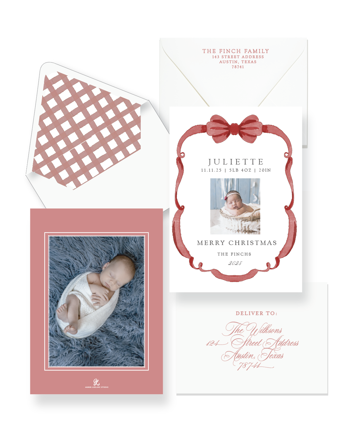 2025 Baby Announcement - Red Bow Holiday Card