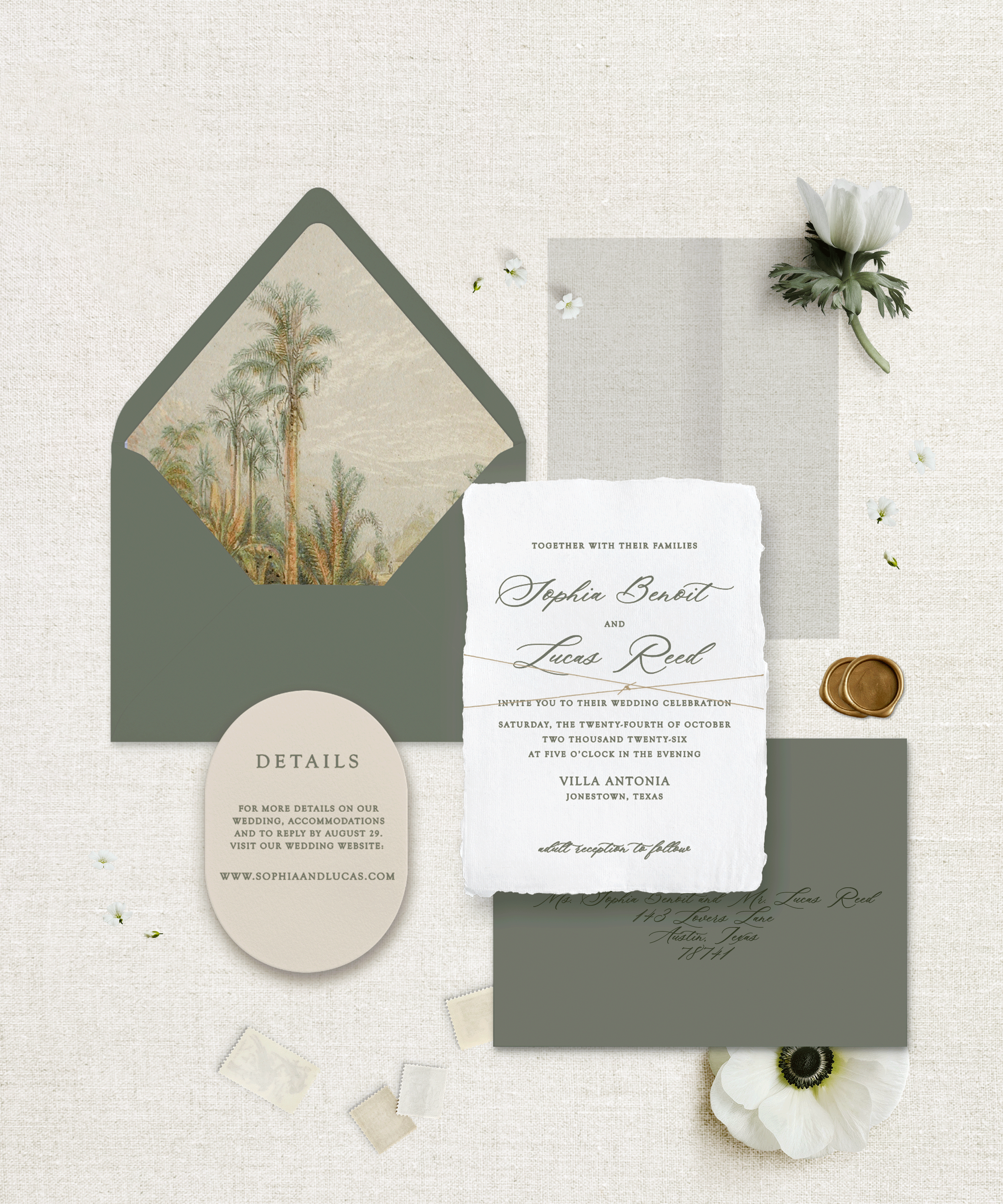 Handmade paper invitation suite with green envelopes