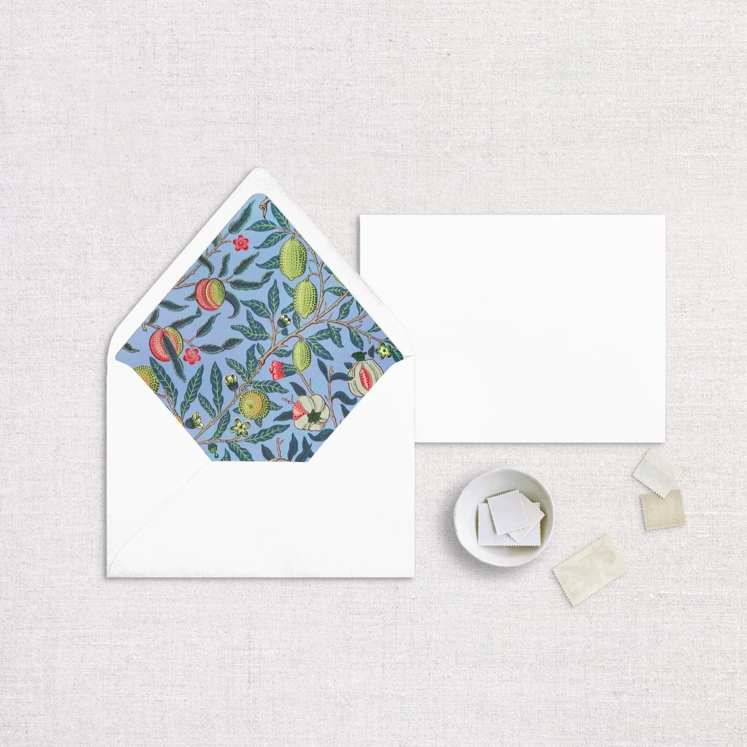 Fruit Floral Pattern Art, Blue, William Morris Art, Envelope Liner, Set of 25