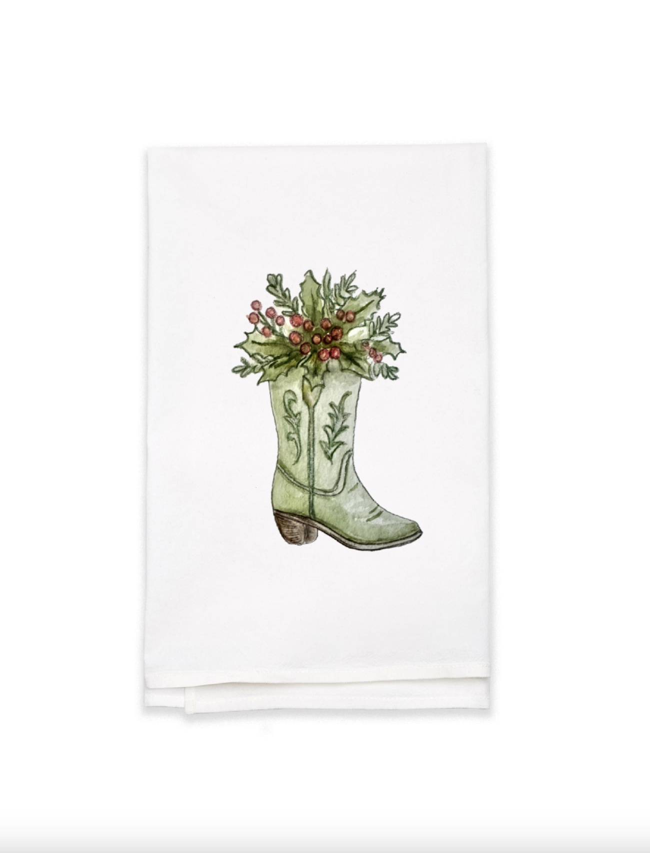 Green Cowboy Boot with Christmas Florals Watercolor Tea Towel | Custom  Watercolor Art \u0026 Wedding Stationery by Amber LeBlanc Studio, image size:1300x1704