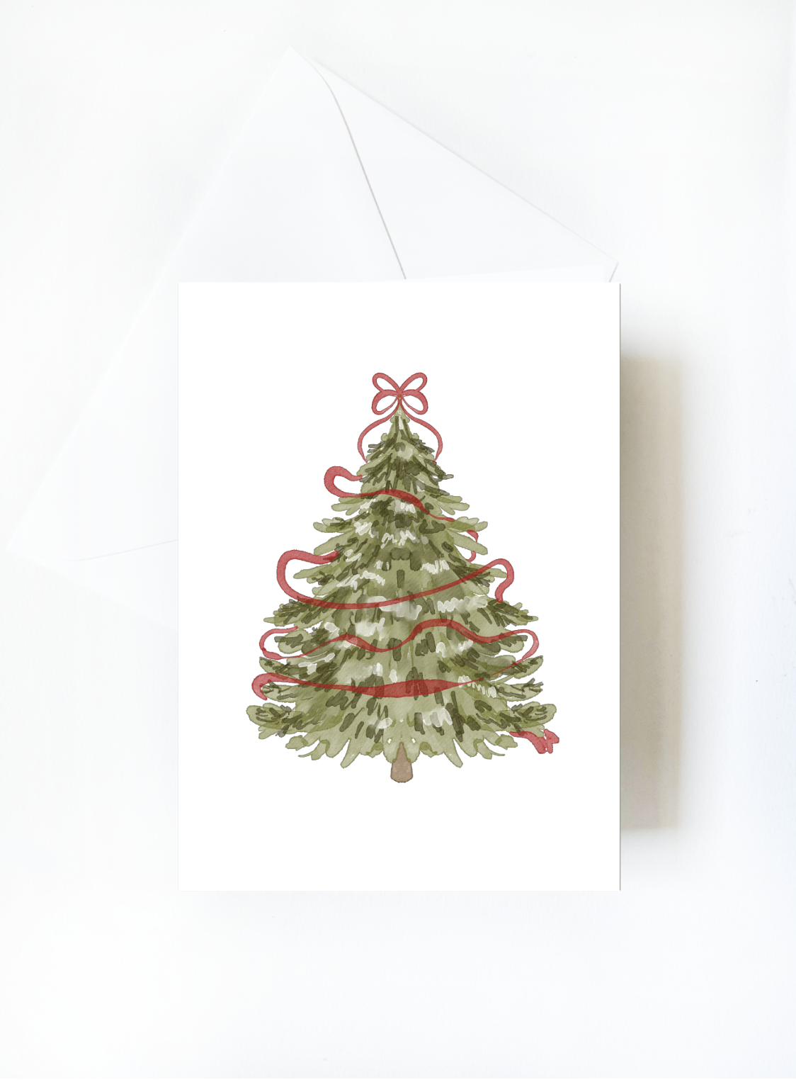 Christmas Tree with Ribbon Watercolor Greeting Card