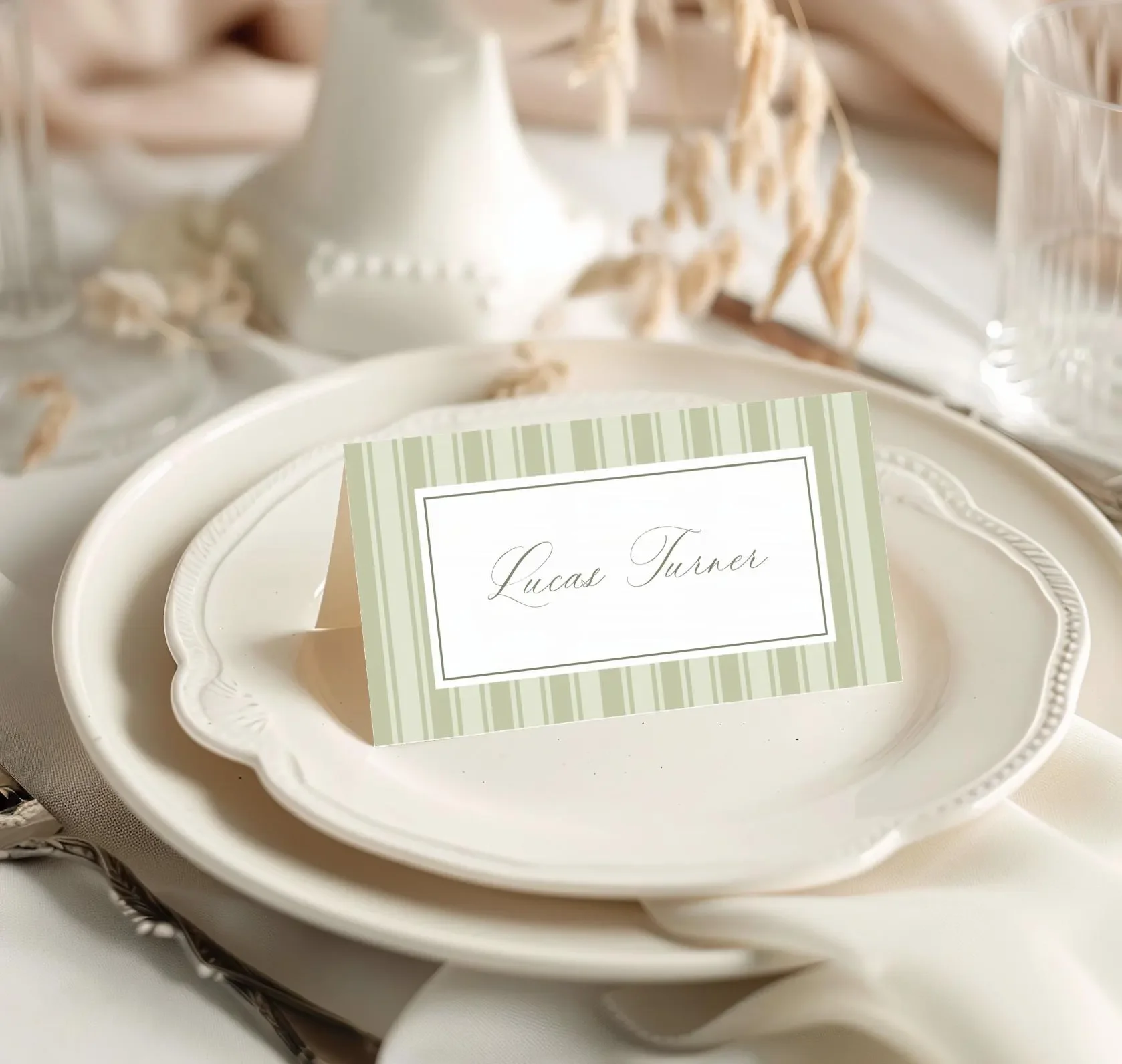 Striped Green French Calligraphy Flat or Folded Reception Name Seating Cards (Copy)