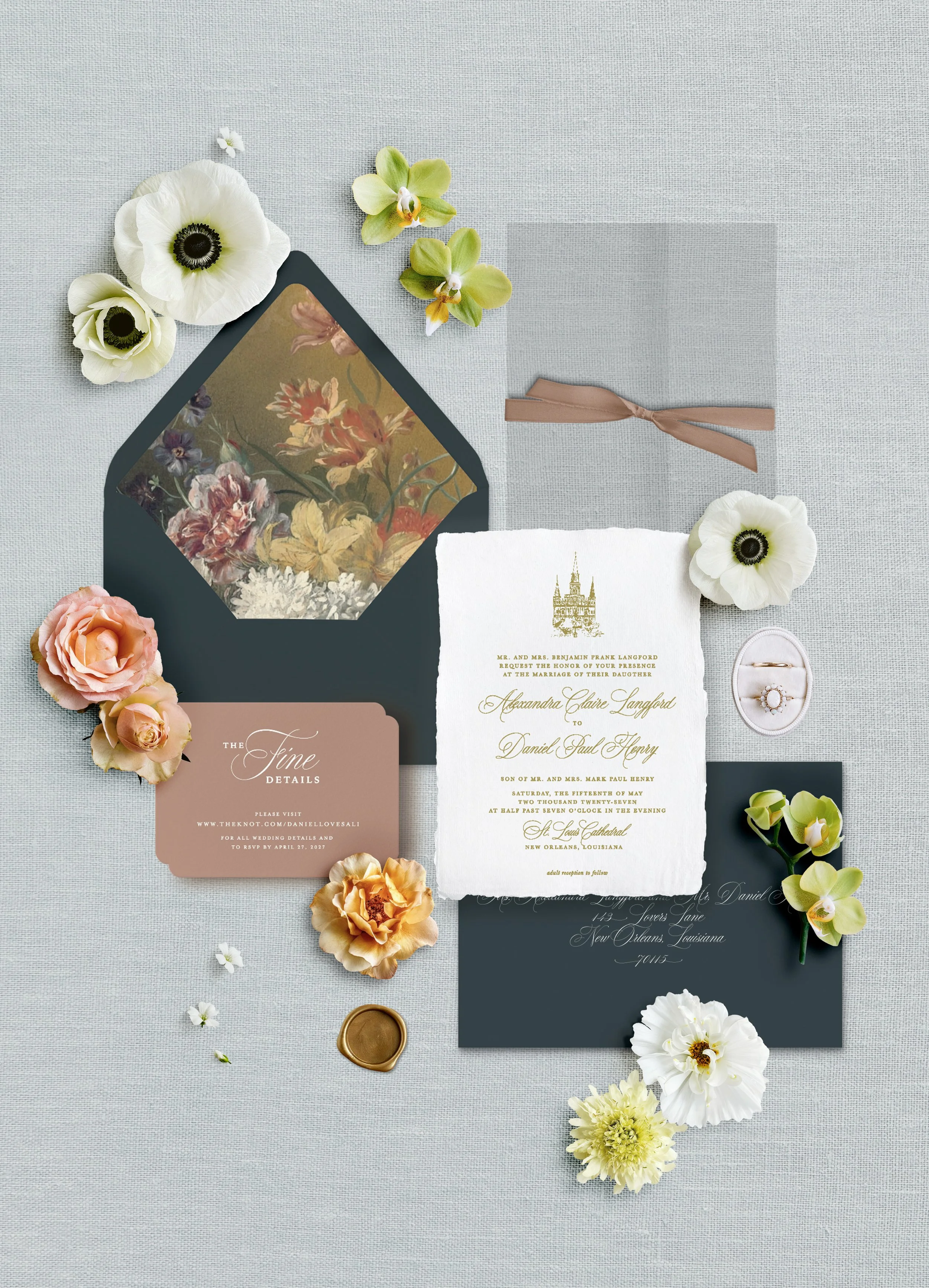 Handmade Paper invitations with venue illustration, semi-custom invitations, dark green envelopes