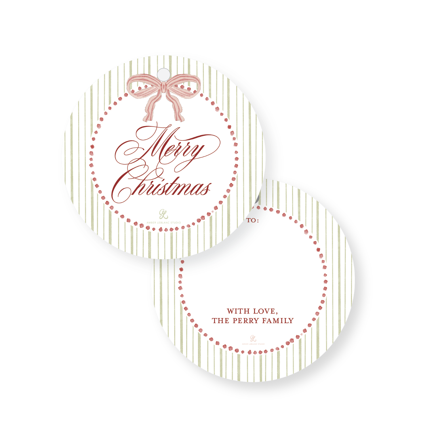 Circle Shape Merry Christmas Striped Watercolor Holiday Gift Tag, Set of 24