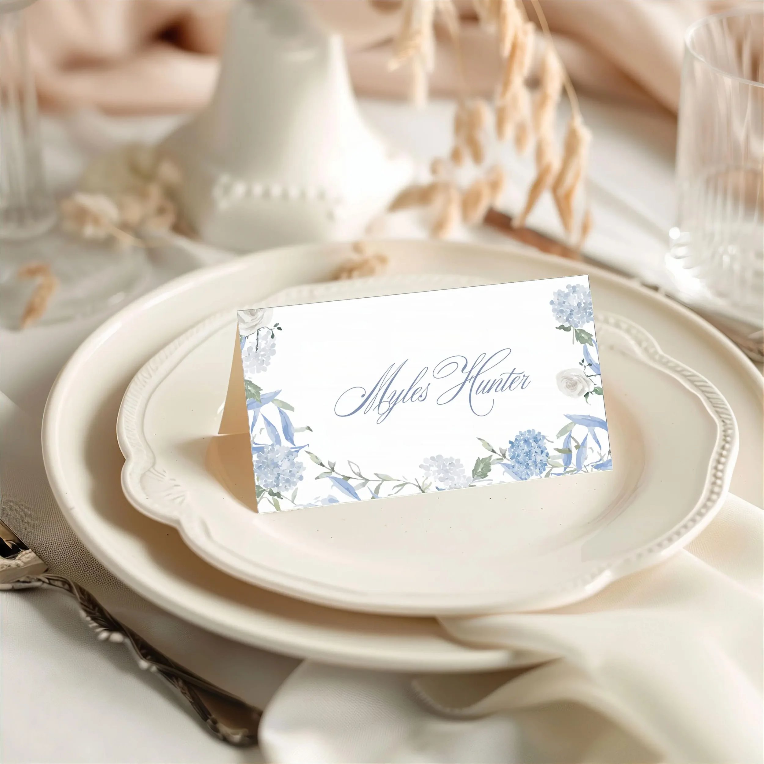 Blue Florals Calligraphy Flat or Folded Reception Name Seating Cards (Copy) (Copy)