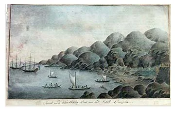 Attributed to Johann George Adam Forster, watercolour dated 1779 Represents the visit by Capt.James Cook to the Bay of Karakakooa on the main island of Hawaii. This scene is also famous for showing the first known "surfer". Image: Kauai Fine Arts Link: http://www.brunias.com/haw09.html