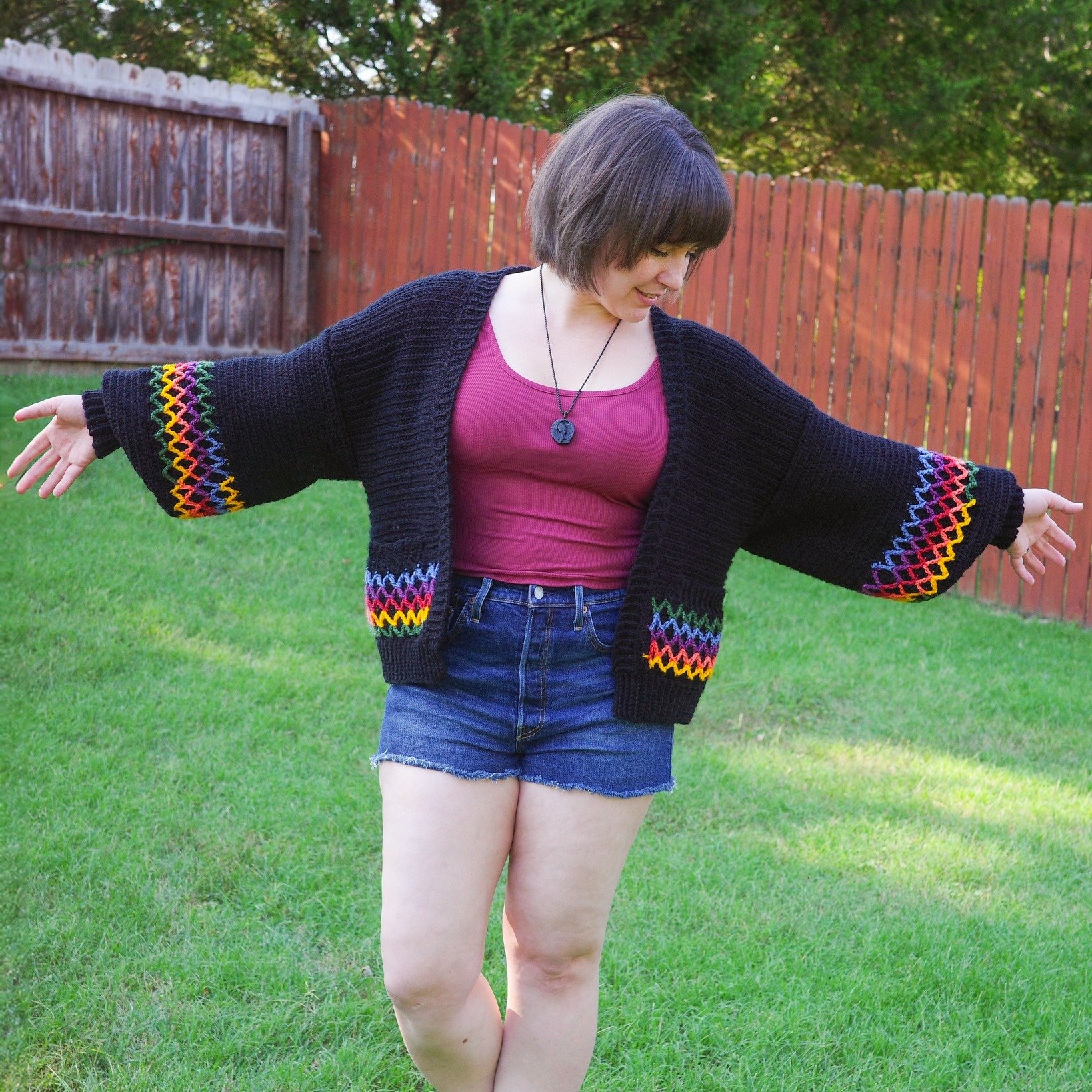 ✨ Full Spectrum Cardigan is out NOW ✨ 

You can get your copy on both @etsy and @hi.ravelry 

A celebration of color, light, and style! 🌈 Featuring a mesmerizing rainbow diamond motif reminiscent of a prism scattering light, this oversized drop-shou