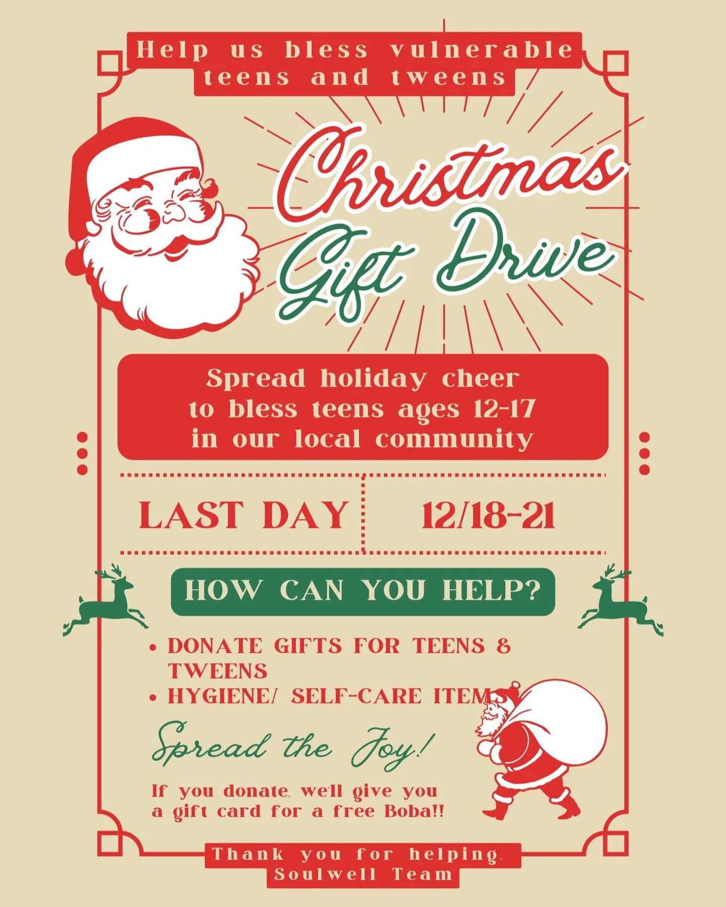 We're looking to bless vulnerable teens and tweens in our community with some holiday cheer this season. If you're nearby and can spare a small gift, come drop it off and get a voucher for a free Boba. Who doesn't love Boba?!? 🧋🧋🧋