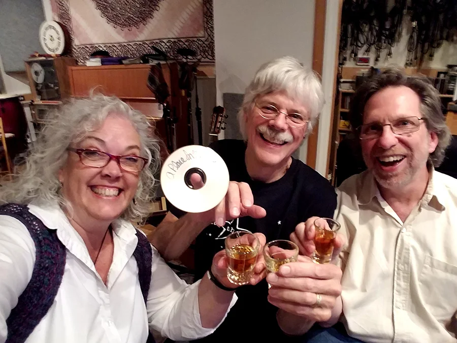 Laurie, Rich and Dan toast the completion of “Once in a Lifetime Friend” CD at Medicine Whistle Studio in Portland Oregon-2107.