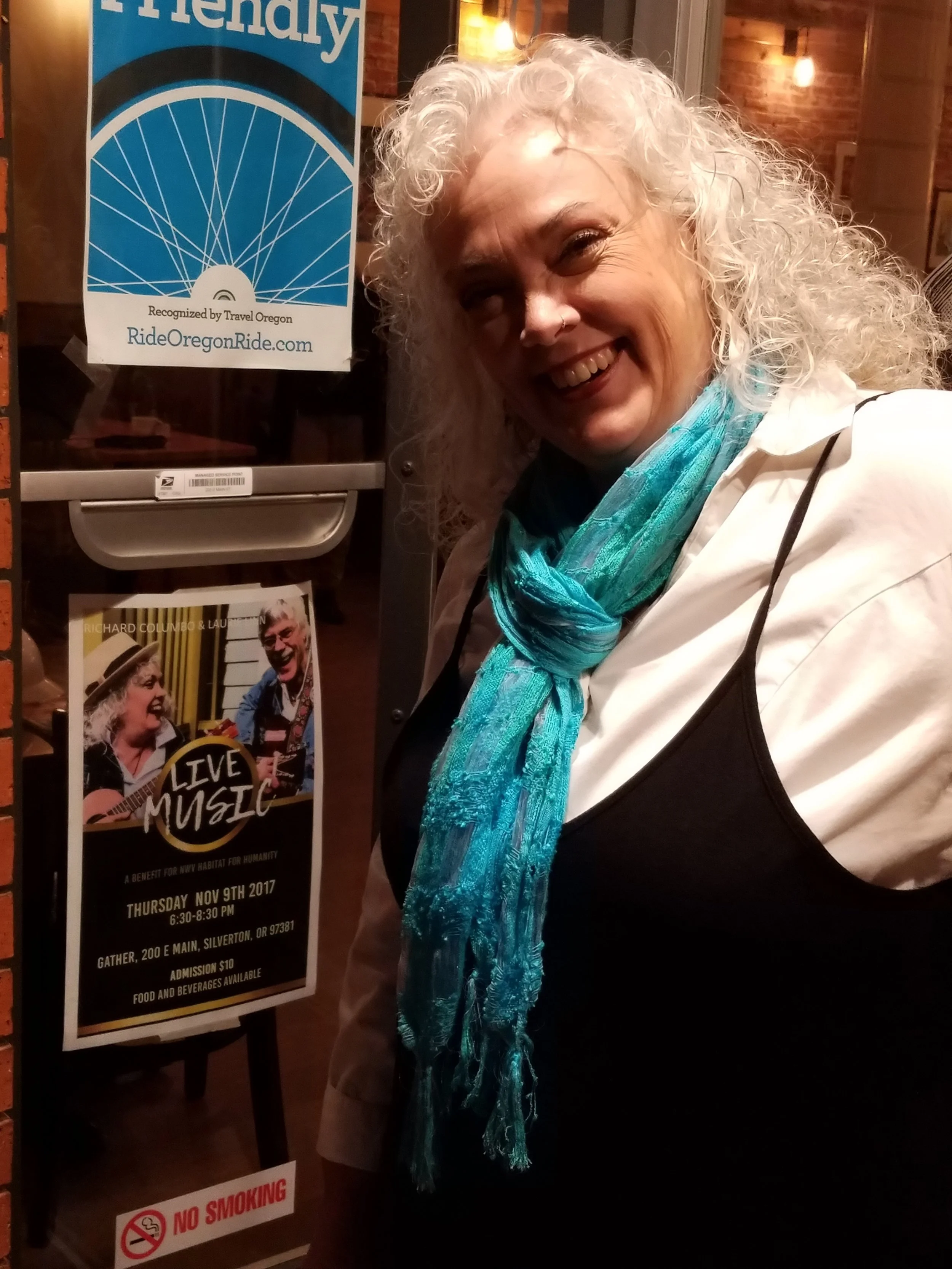 Laurie in front of Gather in Silverton, Oregon for our first CD release concert for Habitat for Humanity. A wonderful night of music, friends and community-2017.