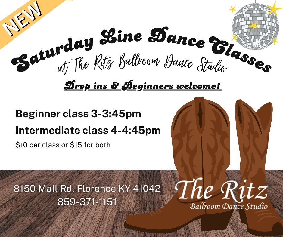 TOMORROW is the first Saturday of our now WEEKLY 🤩 Line Dancing Classes! Cost is $10 for one class or $15 for both! Beginner class is at 3pm and Intermediate is at 4pm! Call or text us at 859-371-1151 for more information.