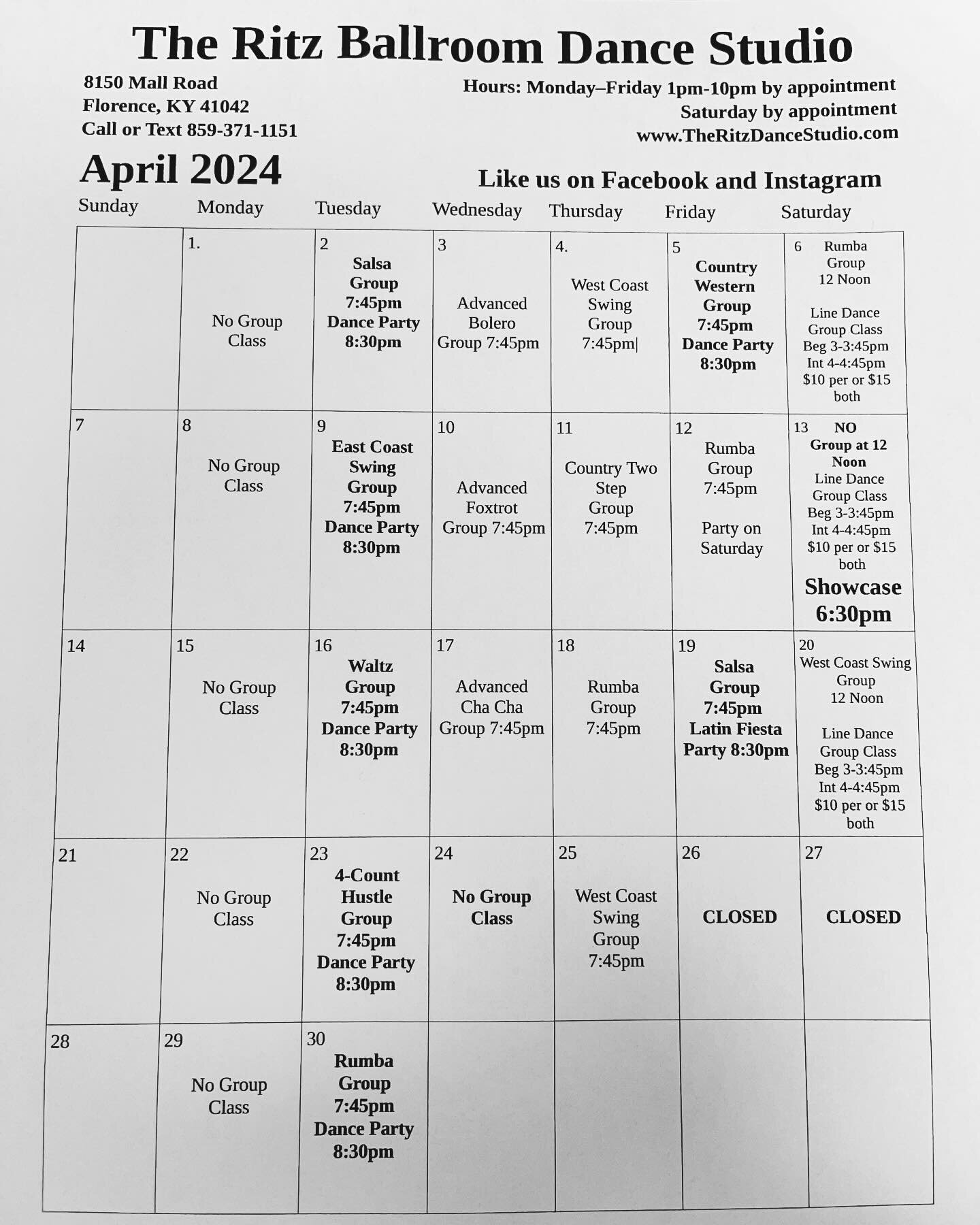 April Group Class Schedule is out! 🐣🌸🐰🍫🩵💐
PLEASE NOTE The 26th and 27th of this month we will be closed. There will be no group classes or line dancing that weekend! Thanks for understanding 💛