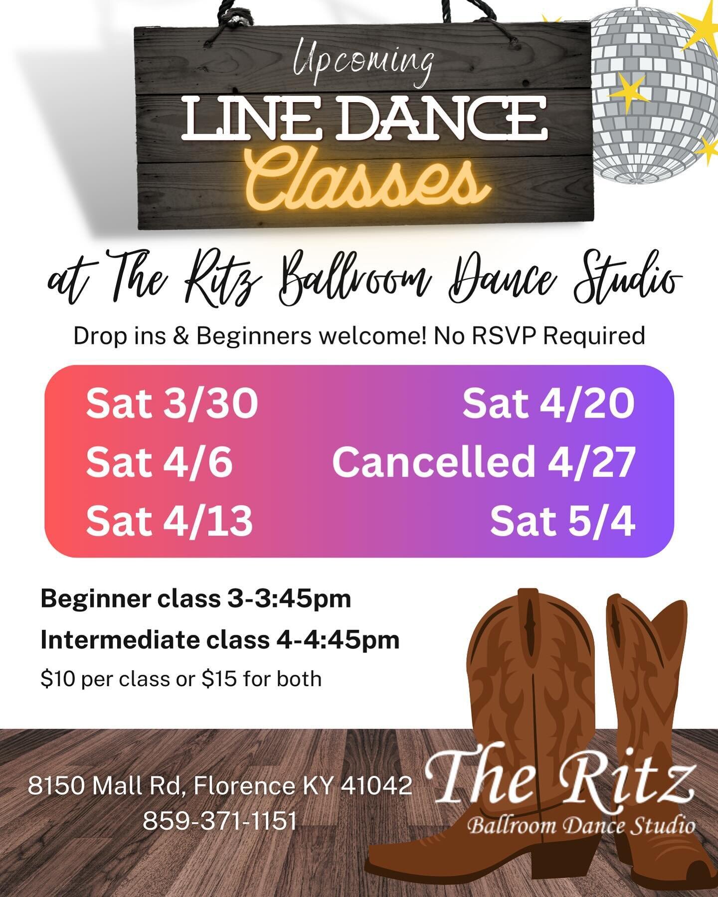 Don&rsquo;t forget Line Dancing this weekend! 💃🏼✨ Beginner is at 3 and intermediate at 4! Drop ins and beginners welcome. This is the upcoming schedule for end of March, April, and first weekend of May. Please note there will be no class on Saturda