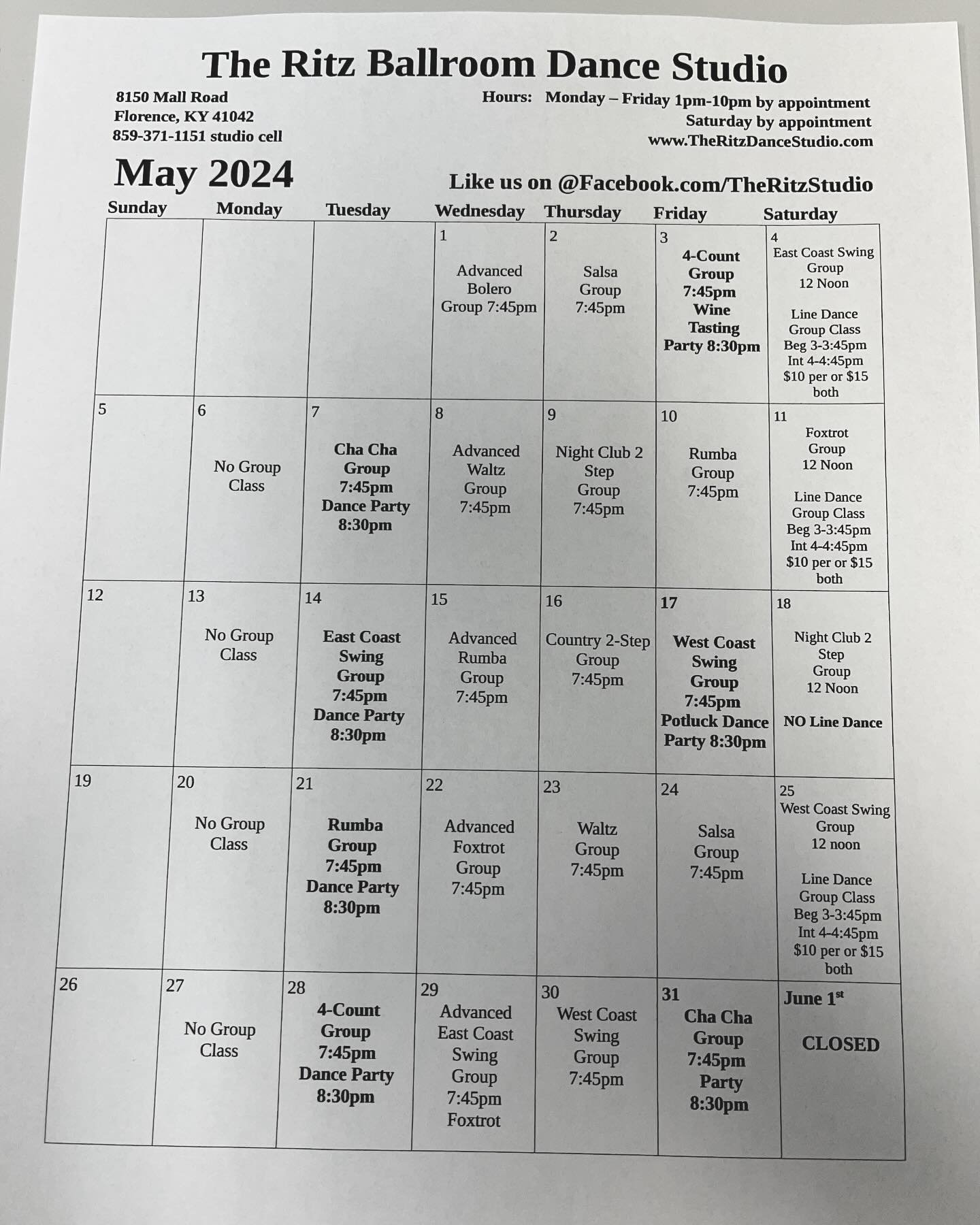 May Calendar! 🌻🪻🌹🌷 Join us this month for some fun parties and group classes! Please note there are some Saturday class cancellations and schedule changes! Thank you for understanding 😊