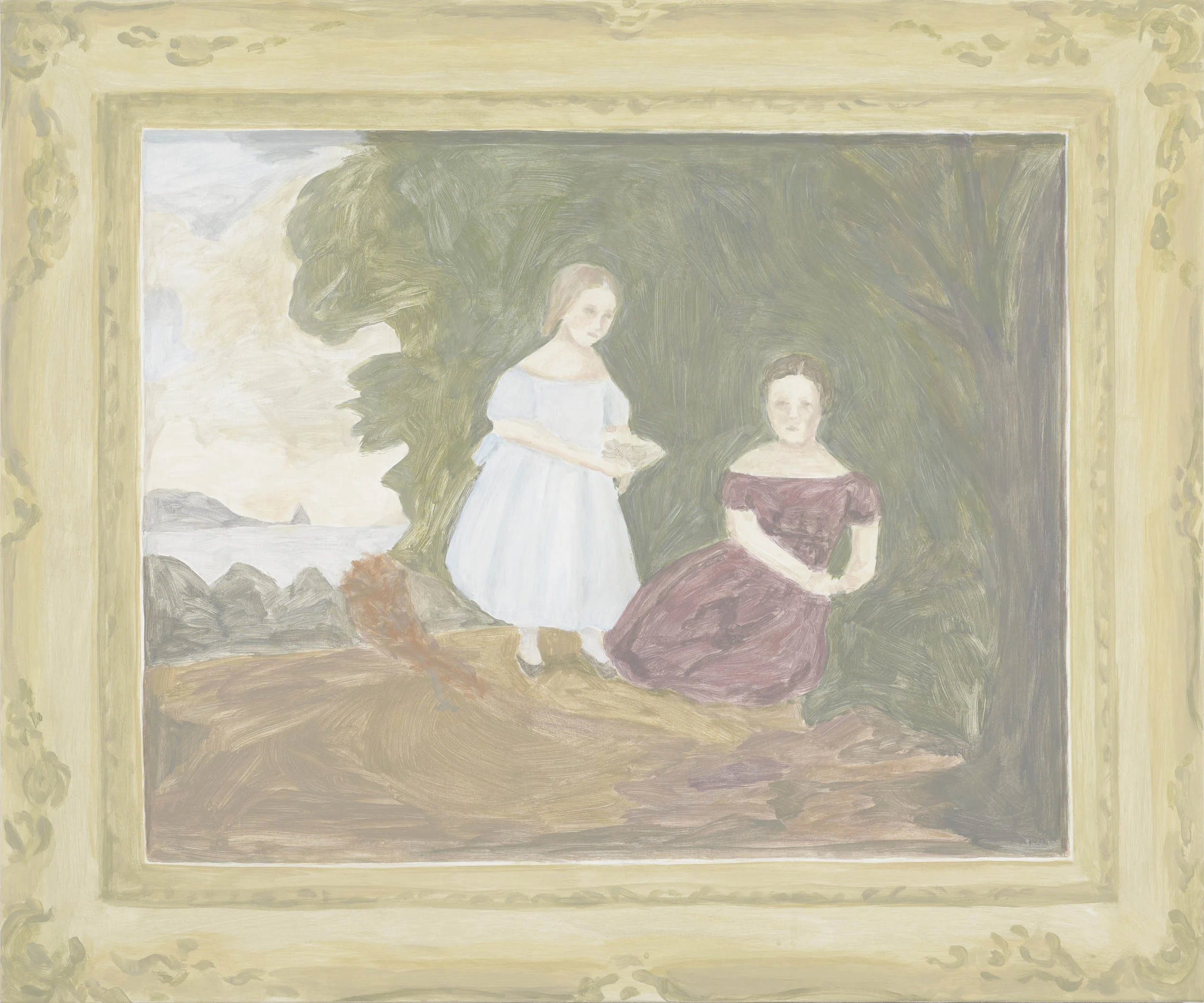 Framed Painting: Two Girls, acrylic on canvas over board, 30 x 36 inches, 2012. X2016.10, Permanent.Collection, 2016. Paintings of Paintings , Talley Dunn Gallery, 2012.