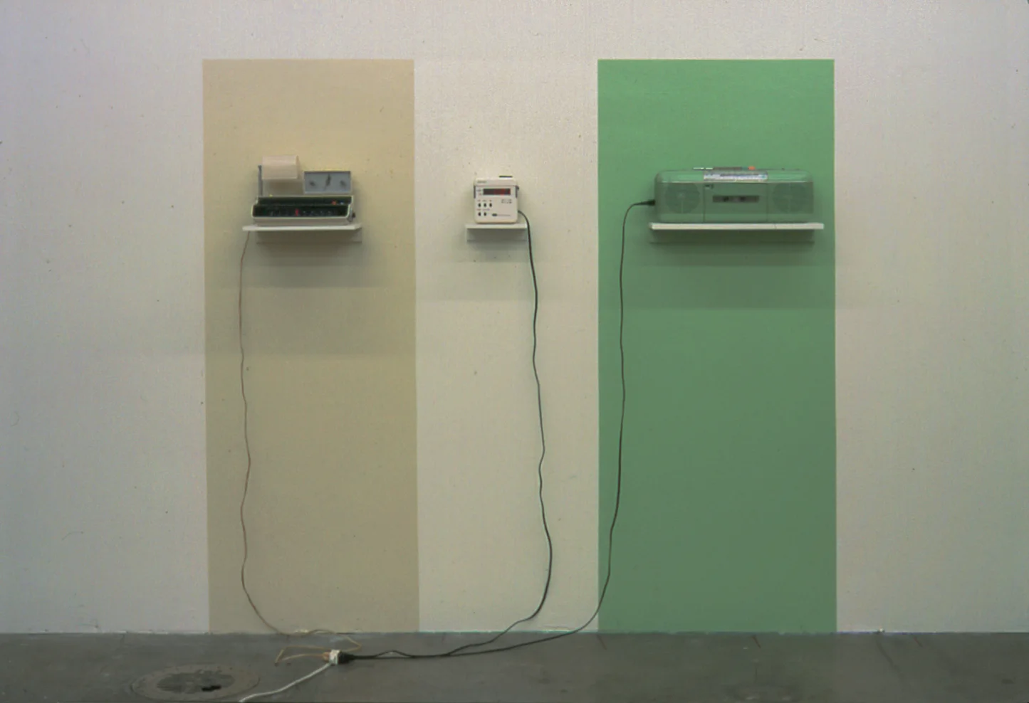 Tricolor, latex paint, 3 radios, shelves, 59 x 64 x 8 inches, 1998.