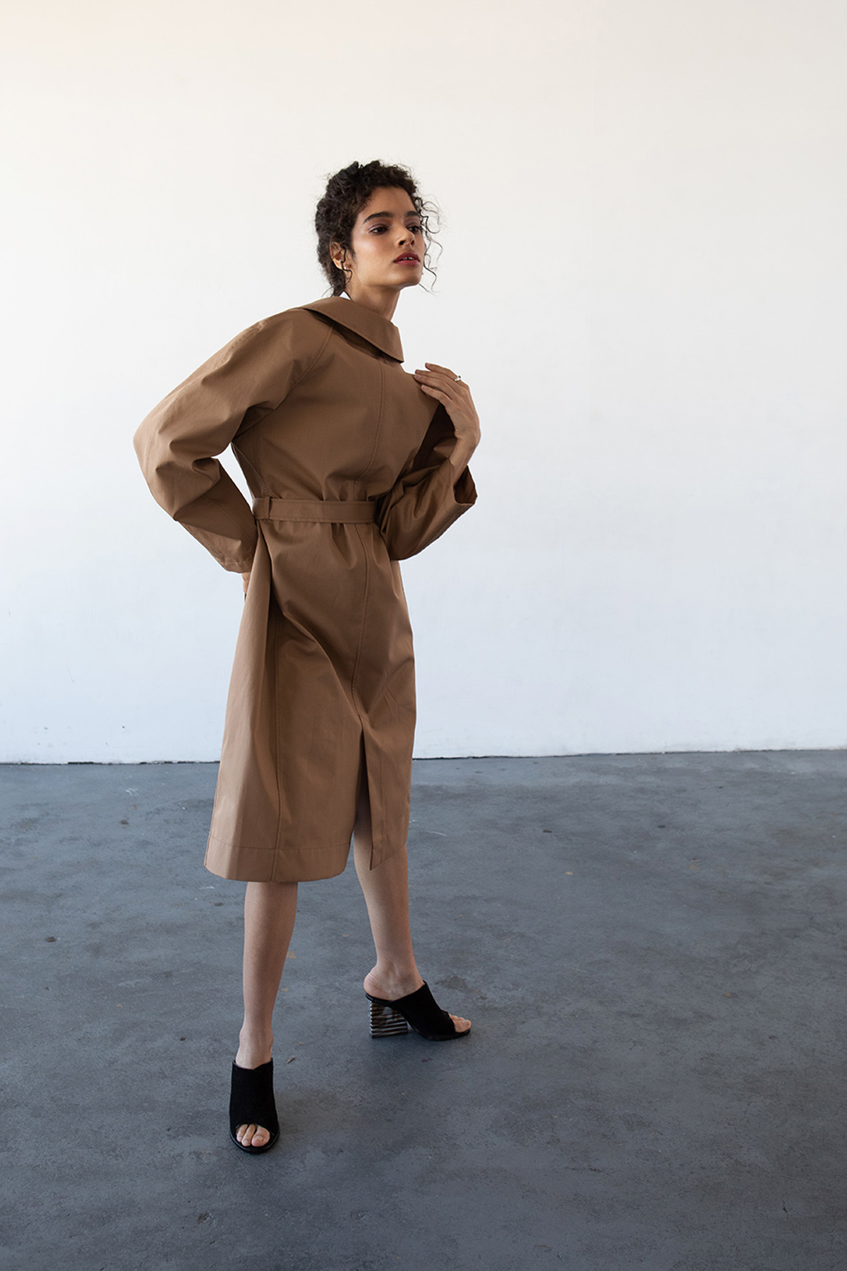 Haro in a raincoat styled shoot by Michele LoBosco, Los Angeles editorial photographer