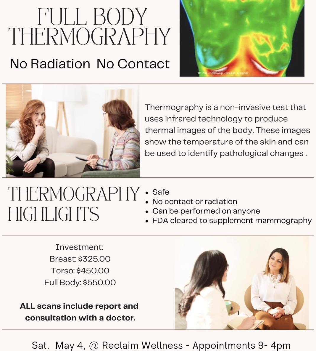 🔥 Join us at our office on Saturday, May 4th from 9 am to 4 pm for the ultimate prevention! We're thrilled to announce that we'll be partnering with Sherril DeBonis of Thermology Trio, Thermography services &ndash; the coolest way to take charge of 