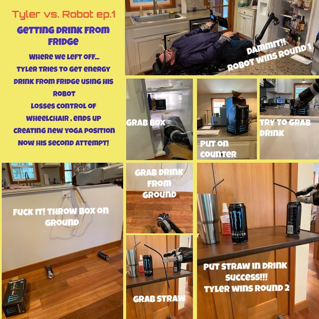 I decided to take on my fridge and robot ! Also I need help naming my new wheelchair yoga position throw out some ideas! #a11y #tech #disability #robot #robotics
