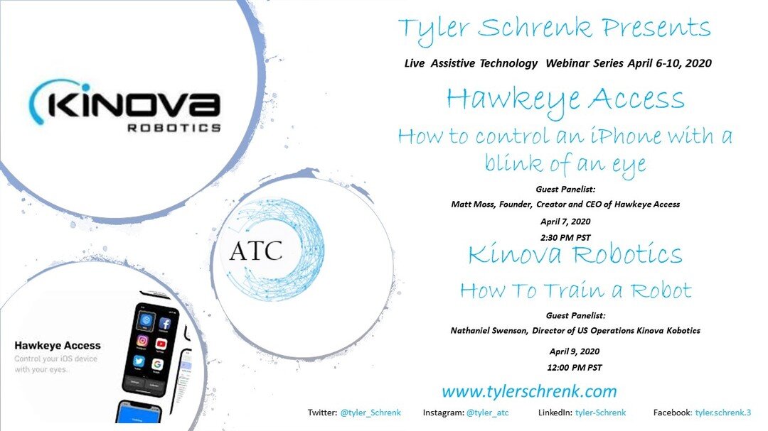 This week's upcoming webinar schedule! Tuesday at 2:30 PM. How to control your iPhone with a blink of an eye! w/ @thefuturematt  Thursday at 12 PM. How to Train a Robot w/ @NathanielSwens2 .  Sign up now! https://www.assistivetechconsulting.com/at-we