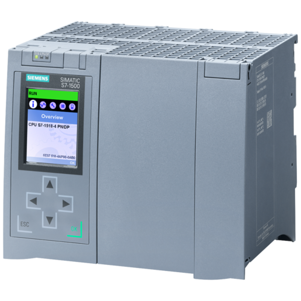 A Siemens SIMATIC S7-1500 programmable logic controller (PLC) with a digital display and navigation buttons.