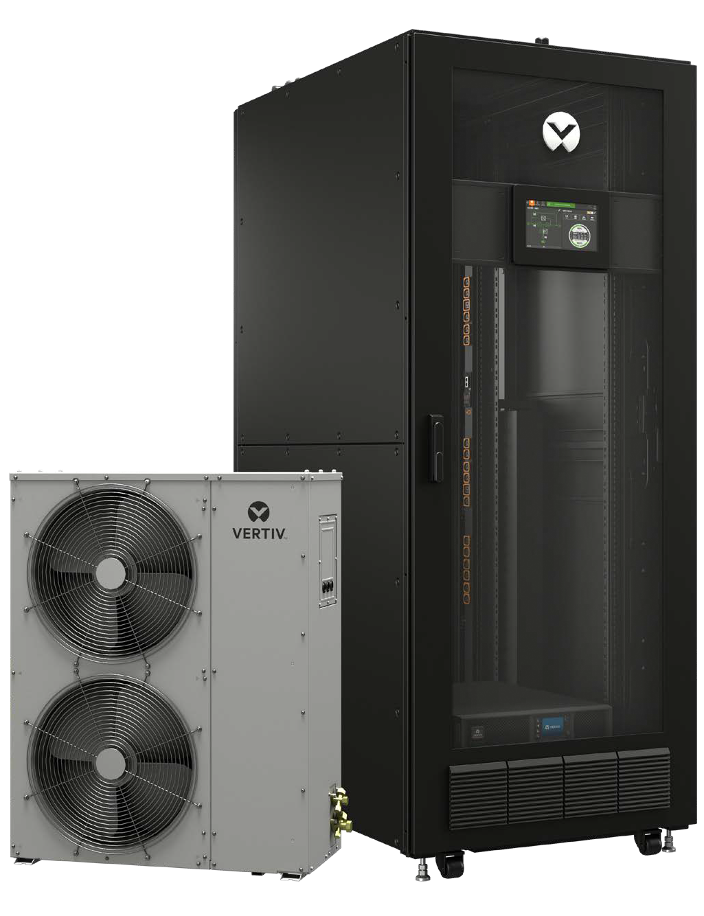 Large black cabinet with transparent front door and a smaller gray cooling unit labeled VERTIV with fans, used for data center cooling.