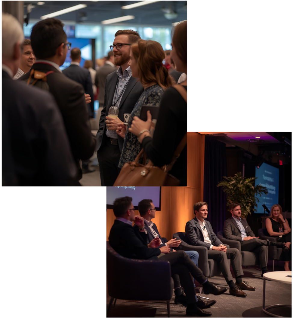 Business professionals and panelists engaging in conversation at a conference or networking event.