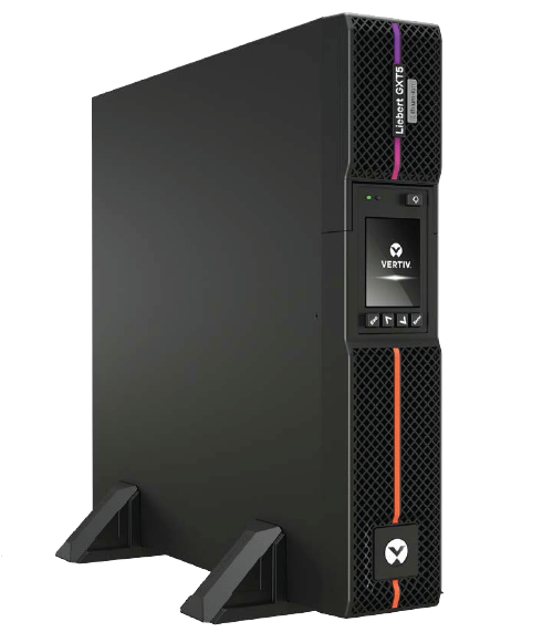 Vertical computer server with a small display screen and vented sections, branded Vertiv and Lieber gTX GTS, standing on two black supports.