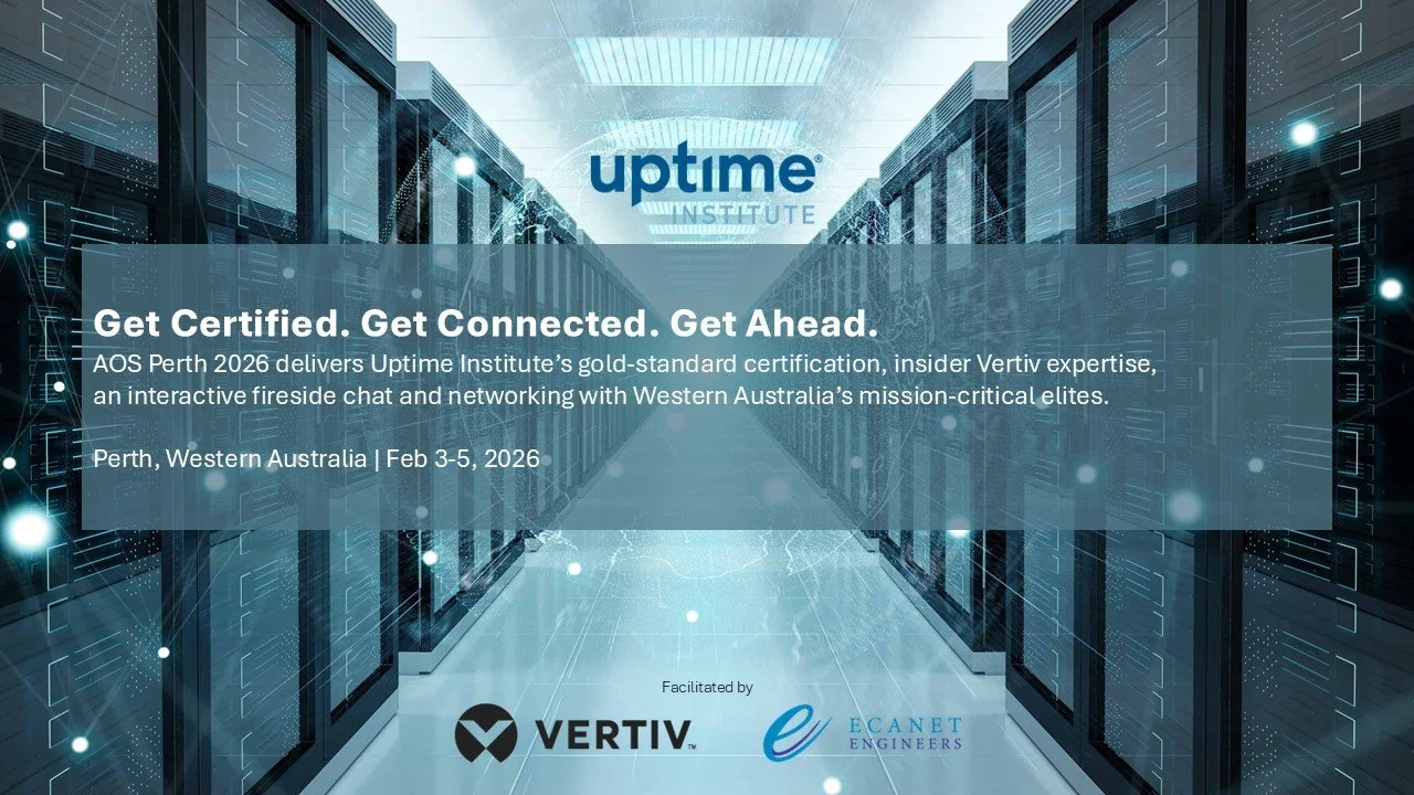 Digital background of a server room with a transparent overlay displaying event details for the Uptime Institute certification event in Perth, Western Australia, from February 3rd to 5th, 2026, facilitated by Vertiv and ECANET Engineers.