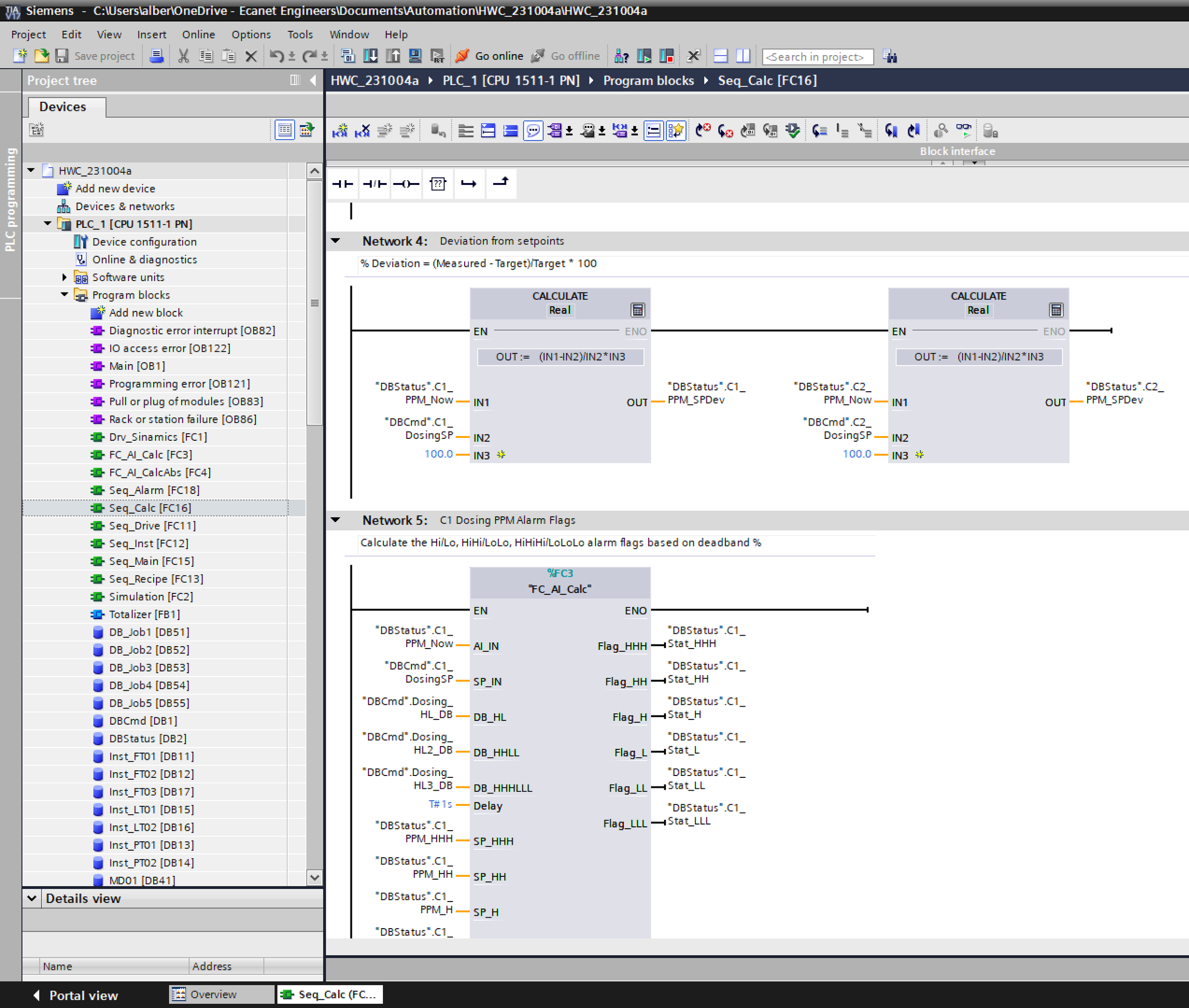 Screenshot of Siemens industrial automation software showing PLC programming interface, network configuration, and calculations.
