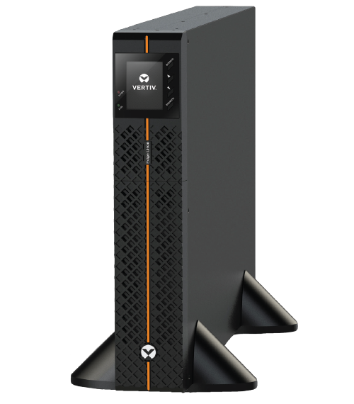 Vertiv uninterruptible power supply (UPS) with a digital display on top and a black, textured front panel with orange accents, mounted on a stand.