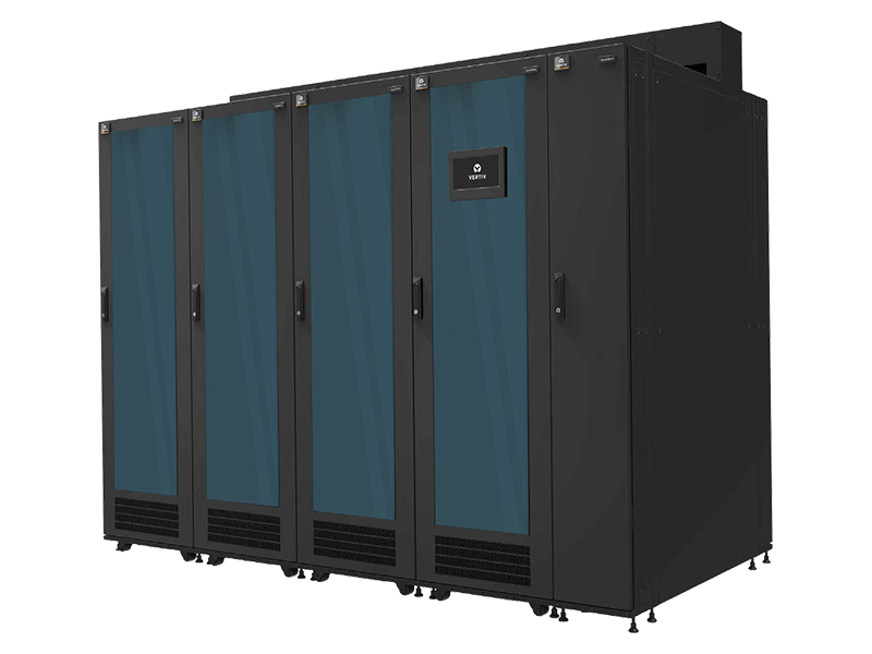 A large supercomputer server rack with multiple blue and black cabinets and a small display screen.