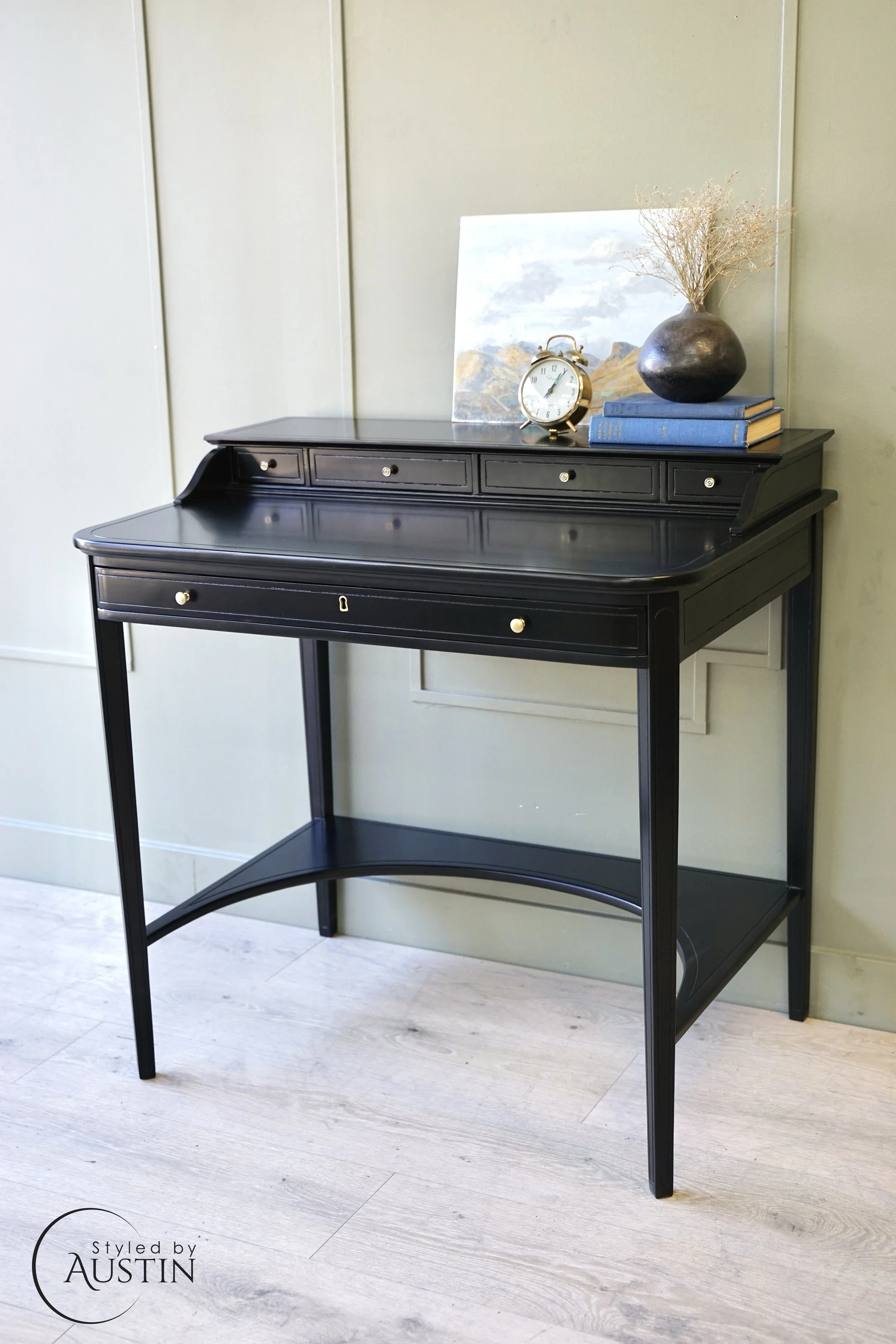 Vintage Writing Desk in Satin Black Lacquer with Drawers