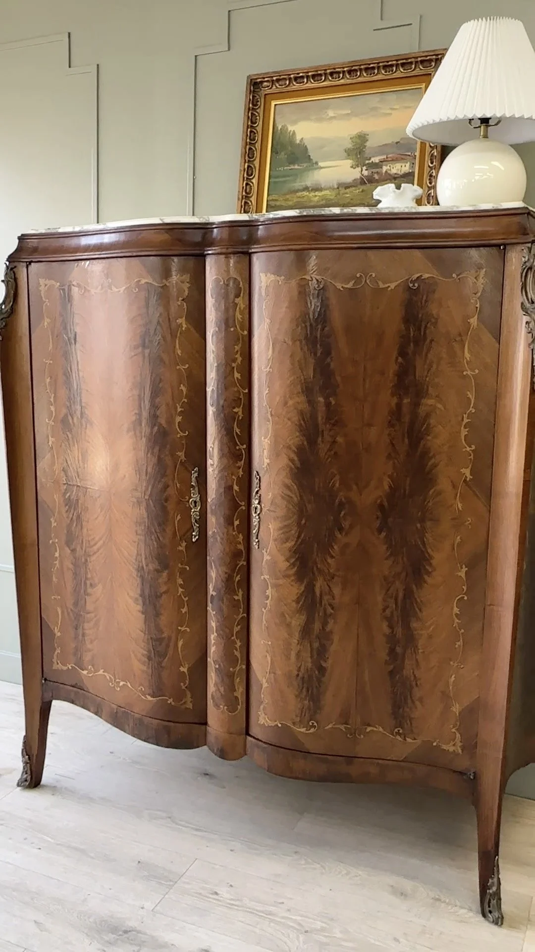 Antique Louis XV Style Marquetry Armoire/Cupboard with Marble Top, Brass Accents