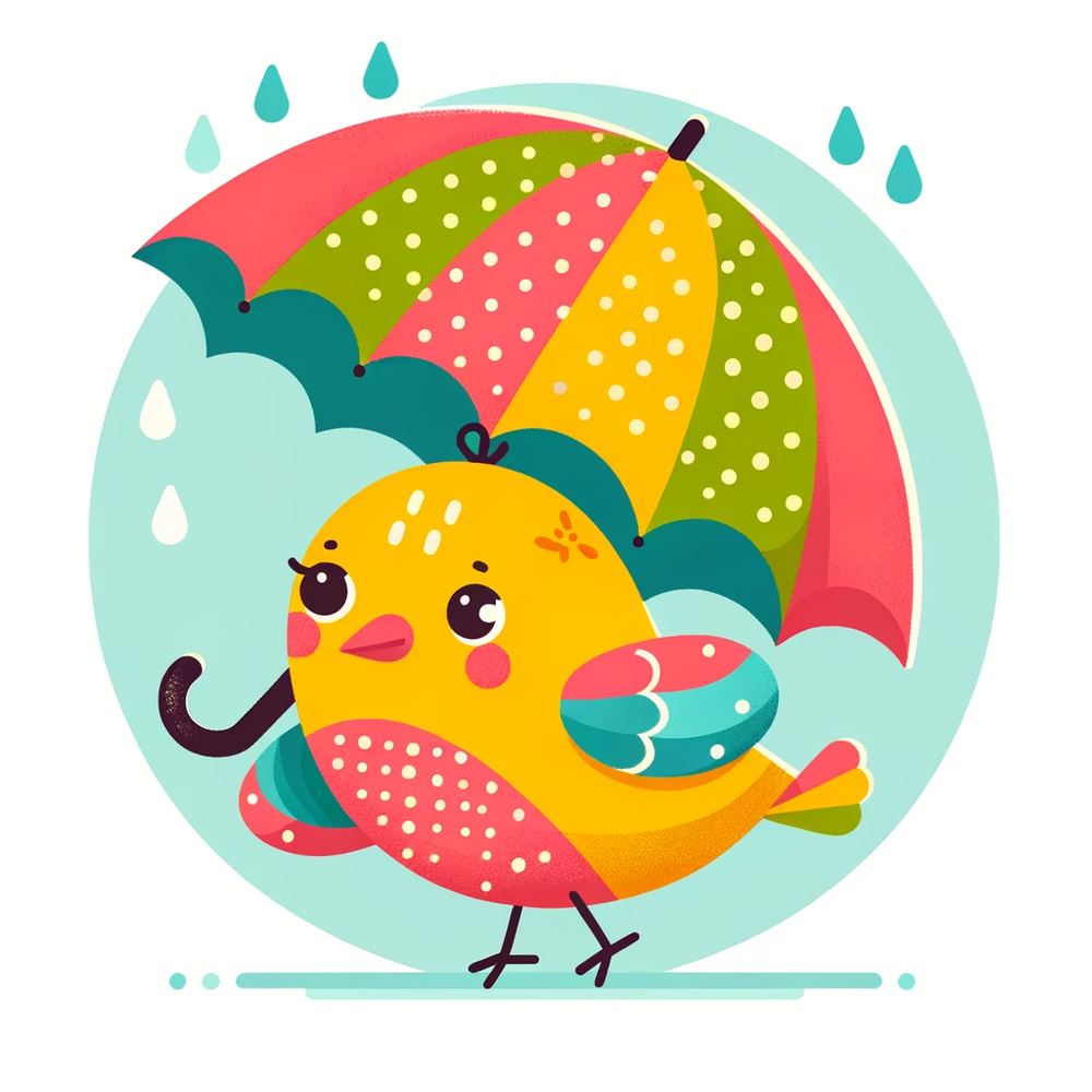 DALL·E 2024-02-01 12.42.45 - A cute, colorful, flat-style illustration of an umbrella bird, suitable for a children's book, following the style of Generation ID foO27YcRTduluATx.png