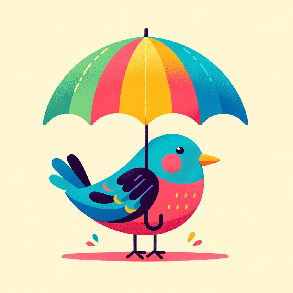 DALL·E 2024-02-01 12.43.18 - A cute, colorful, flat-style illustration of an umbrella bird, similar to the style in Generation ID MjqxGGC6ZKLQ42t0, suitable for a children's book.png