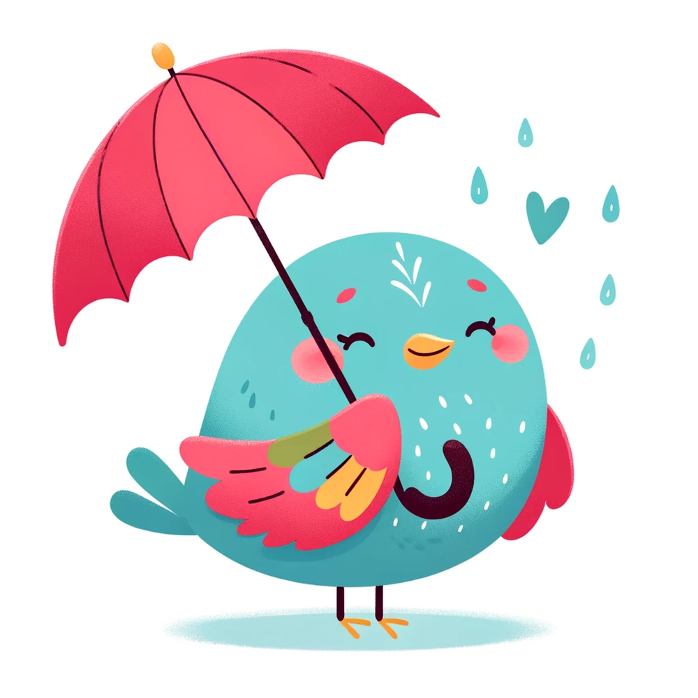 DALL·E 2024-02-01 12.43.24 - A cute, colorful, flat-style illustration of an umbrella bird based on the provided image, without outlines, suitable for a children's book, in the st.png