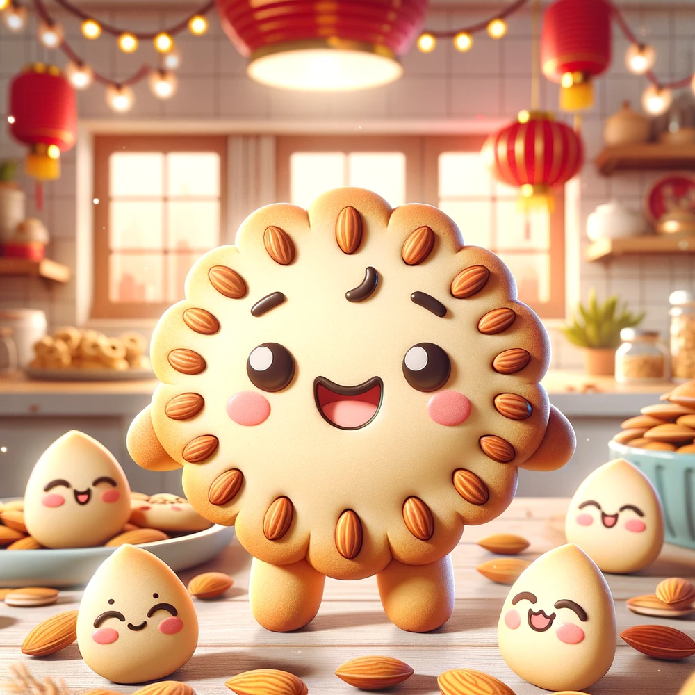 DALL·E 2024-02-01 12.51.40 - An illustration of a cute, stylized almond cookie character. The cookie should have a friendly face, soft pastel colors, and a whimsical design. It's .png