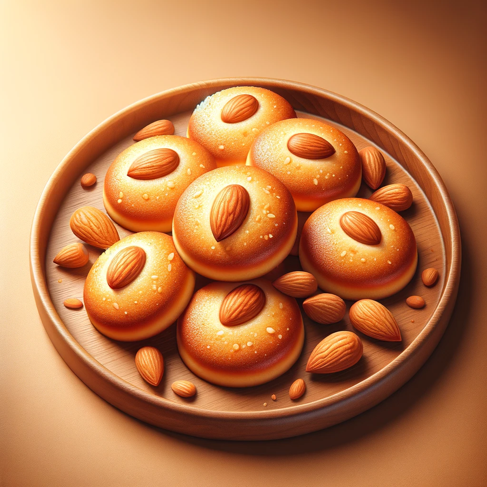 DALL·E 2024-02-01 12.52.06 - Create a photo-realistic illustration of Chinese almond cookies on a wooden plate. The cookies should have a golden-brown texture with a whole almond .png