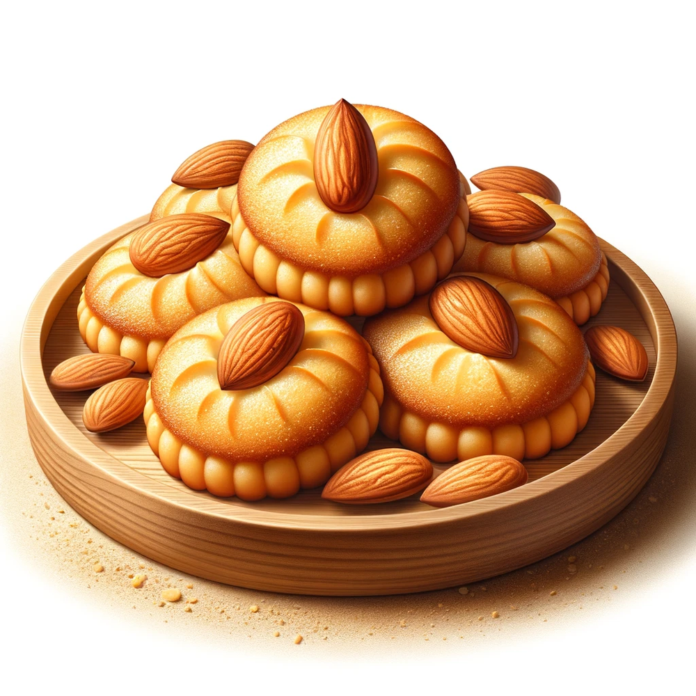 DALL·E 2024-02-01 12.52.17 - Create a photo-realistic illustration of Chinese almond cookies on a wooden plate with a white background. The cookies should have a golden-brown text.png